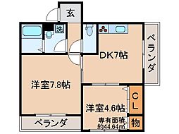 京都地下鉄東西線 御陵駅 徒歩17分の賃貸マンション 4階2DKの間取り