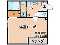 近鉄京都線 近鉄丹波橋駅 徒歩27分の賃貸アパート 2階1Kの間取り