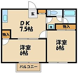 西武多摩川線 多磨駅 徒歩28分の賃貸アパート 1階2DKの間取り