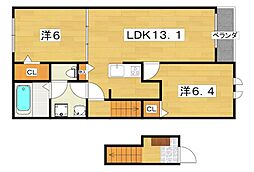 セブンスターズ コーポ奥田 2階2LDKの間取り