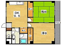 富尾マンション私部 3階2DKの間取り