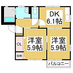 ディアス新枡　B 2階2DKの間取り