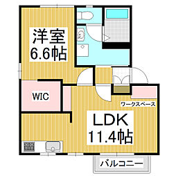 ディアスシャインB棟 2階1LDKの間取り