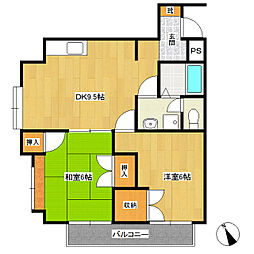 下田ハイツ馬場町 2階2DKの間取り