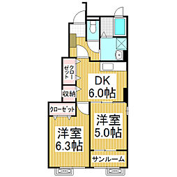 モデュロールA 1階2DKの間取り