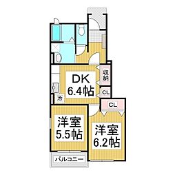 ベルソーレA棟 2DKの間取図画像