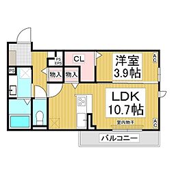 トリシア東和田　W棟 2階1LDKの間取り