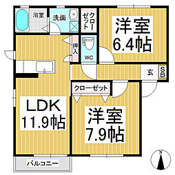 セピアコート西河原　A棟 1階2LDKの間取り