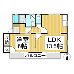 フレグランスワン　E棟 2階1LDKの間取り