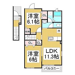 コッティ・ハーモニー 2階2LDKの間取り