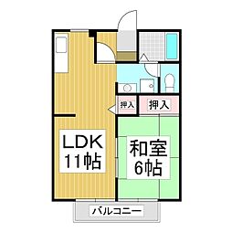 サンヴィレッジヤマホ　B棟 2階1LDKの間取り