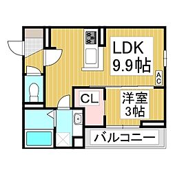 プランタン若里V 2階1LDKの間取り