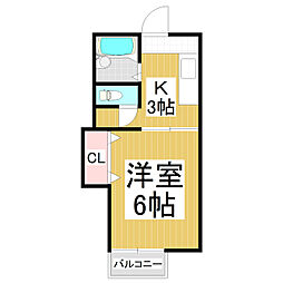 北山ハイツ 2階1Kの間取り