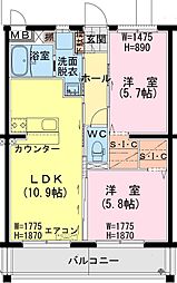 トレジャー　ビルド 3階2LDKの間取り