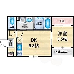 ハーモニーテラス新守町 2階1DKの間取り