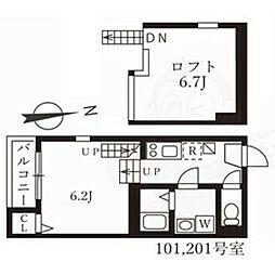 ハーモニーテラス寺崎町2 2階1Kの間取り