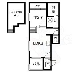 ハーモニーテラス八熊2 1階1LDKの間取り