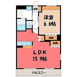 真岡鐵道 下館二高前駅 徒歩14分の賃貸マンション 2階1LDKの間取り