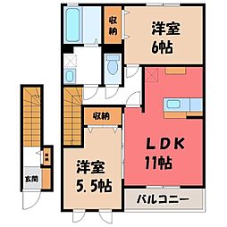 JR水戸線 結城駅 徒歩20分の賃貸アパート 2階2LDKの間取り