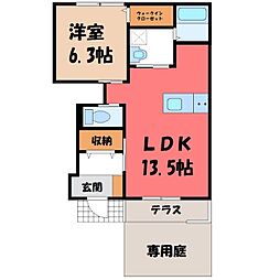 JR水戸線 結城駅 徒歩22分の賃貸アパート 1階1LDKの間取り