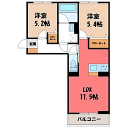 JR東北新幹線 小山駅 徒歩30分の賃貸アパート 2階2LDKの間取り
