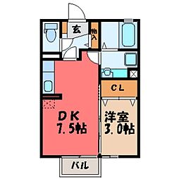 JR東北新幹線 小山駅 徒歩28分の賃貸アパート 1階1DKの間取り
