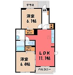 JR水戸線 結城駅 徒歩30分の賃貸アパート 1階2LDKの間取り