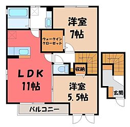 JR水戸線 結城駅 徒歩14分の賃貸アパート 2階2LDKの間取り