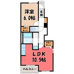 真岡鐵道 下館二高前駅 徒歩16分の賃貸アパート 1階1LDKの間取り