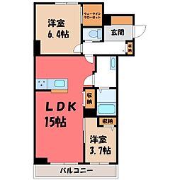 JR東北本線 小山駅 バス15分 城南小前下車 徒歩29分の賃貸マンション 2階2LDKの間取り