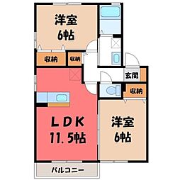 JR東北本線 小山駅 徒歩33分の賃貸アパート 2階2LDKの間取り