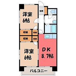 東武宇都宮線 新栃木駅 徒歩24分の賃貸マンション 2階2DKの間取り