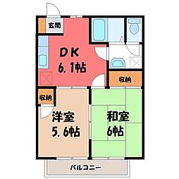 JR東北本線 小山駅 徒歩27分の賃貸アパート 2階2DKの間取り