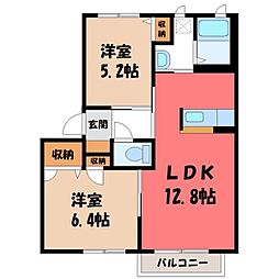 JR水戸線 下館駅 徒歩14分の賃貸アパート 2階2LDKの間取り