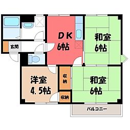 JR東北本線 小山駅 バス7分 フレッシュ北下車 徒歩3分の賃貸アパート 1階3DKの間取り