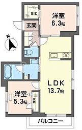 アーバングレイス 201 2階2LDKの間取り