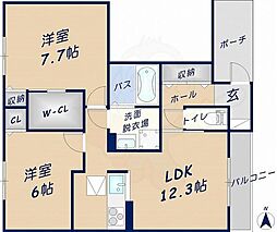 アシスト木津B棟 1階2LDKの間取り
