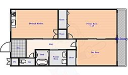 近鉄生駒線 南生駒駅 徒歩2分の賃貸マンション 1階2DKの間取り