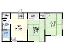 メゾン・ド・フルール生駒壱番館 2DKの間取図画像
