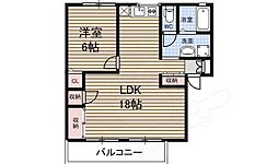 サンハイツ2号館 2階1LDKの間取り