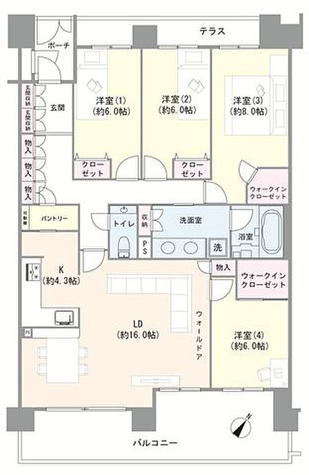 広々110m2の4LDK.LDKと洋室（4）との境のウォールドアを開けるとやく26帖の大型LDKとなります。