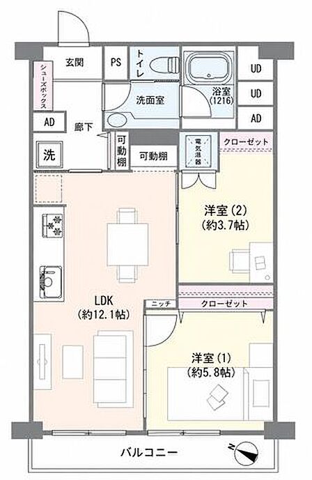 【間取図】■専有面積(壁芯):56.34m2(17.04坪)■バルコニー面積:5.16m2 2LDKのお部屋です。※家具の配置はイメージです。なお、家具等は販売価格に含みません。