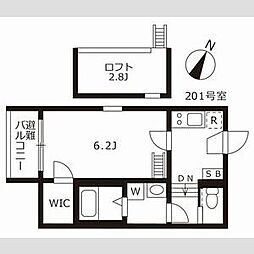スカイキャッスルII 2階1Kの間取り