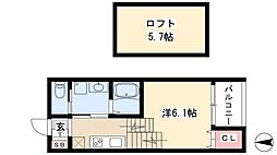ハーモニーテラス八剱町 2階1Kの間取り