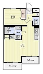 ヴェルテ山本 2階1LDKの間取り