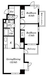 東急東横線 自由が丘駅 徒歩12分の賃貸マンション 2階2LDKの間取り