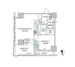 JR山手線 田町駅 徒歩13分の賃貸マンション 27階2LDKの間取り