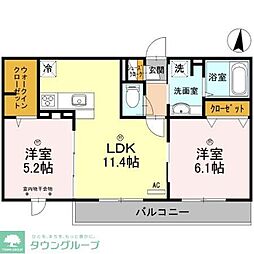 JR武蔵野線 越谷レイクタウン駅 徒歩12分の賃貸アパート 2階2LDKの間取り