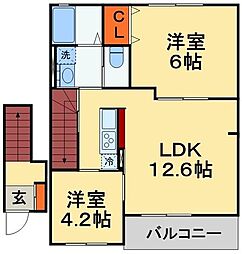 東武野田線 豊四季駅 徒歩10分の賃貸アパート 2階2LDKの間取り