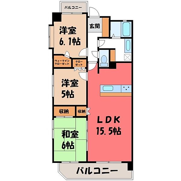 栃木県宇都宮市錦3丁目(賃貸マンション3LDK・4階・70.09㎡)の写真 その2